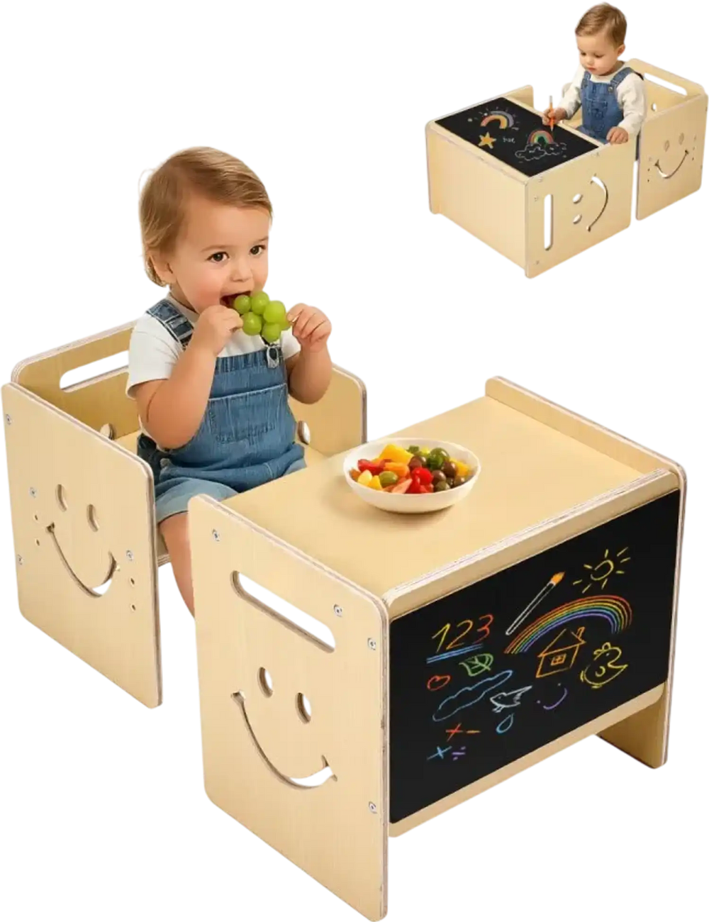 VEVOR Montessori Weaning Table and Chair Set, 3 In 1 Wooden Toddler Table and Chairs with Chalkboard, Adjustable Height Montessori Table for Ages 1-5, Ideal for Drawing, Reading, Eating - Natural