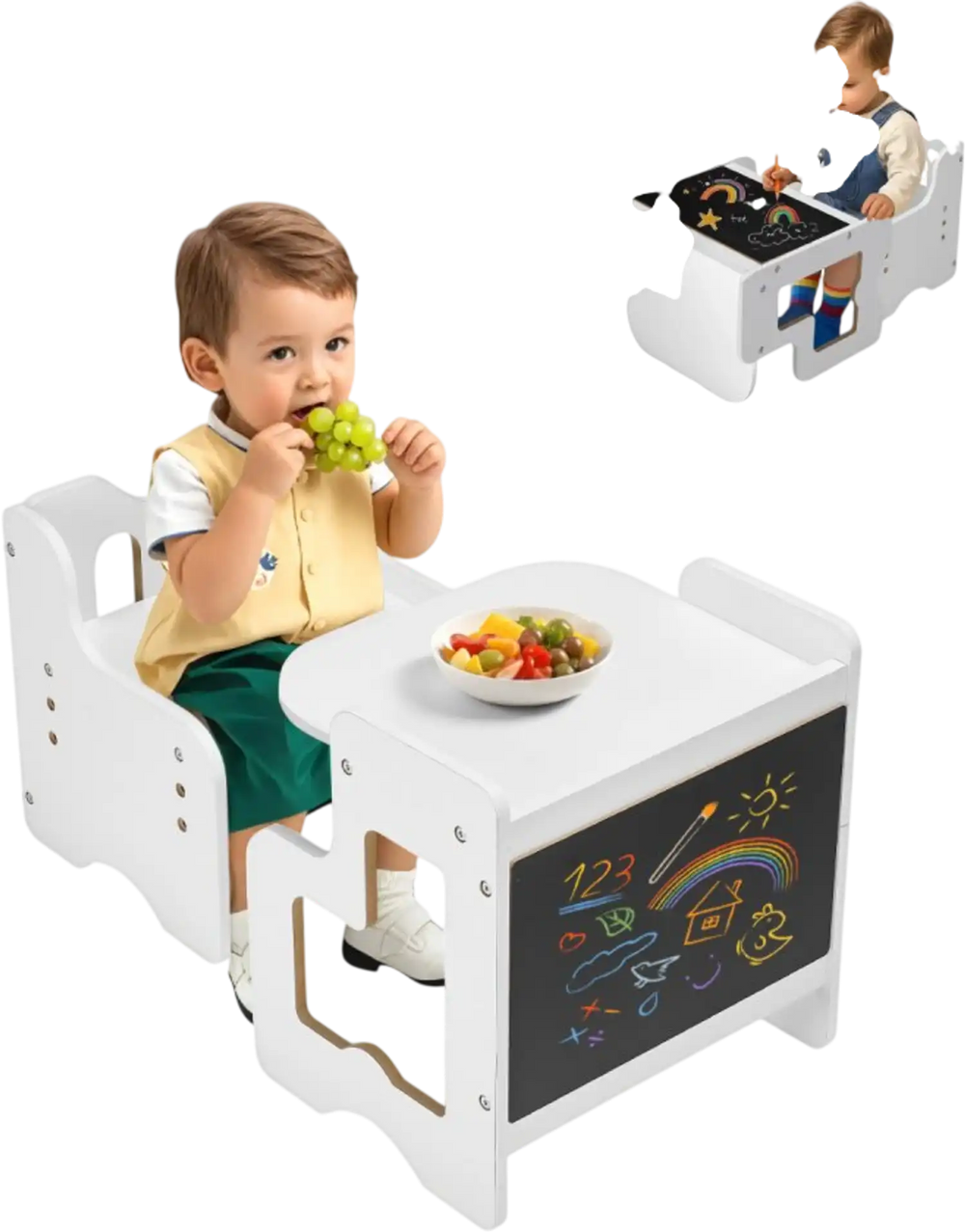 VEVOR Montessori Weaning Table and Chair Set, 3 In 1 Wooden Toddler Table and Chairs with Chalkboard, Adjustable Height Montessori Table for Ages 1-5, Ideal for Drawing, Reading, Eating - White