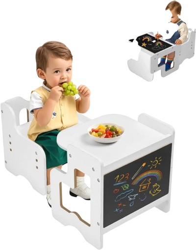 VEVOR Montessori Weaning Table and Chair Set, 3 In 1 Wooden Toddler Table and Chairs with Chalkboard, Adjustable Height Montessori Table for Ages 1-5, Ideal for Drawing, Reading, Eating - White