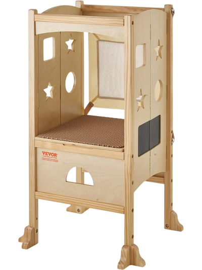 Vevor Step Stool Folding Toddler Learning Tower with Adjustable 3-Level Height Safety Guard Natural Wood New