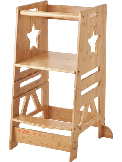 VEVOR Tower Step Stool, 3-Level Height Adjustable Toddler Step Stools for Kids, Bamboo Kids Standing Tower Learning Stool with Safety Rail for Kitchen Counter Bathroom, 350LBS