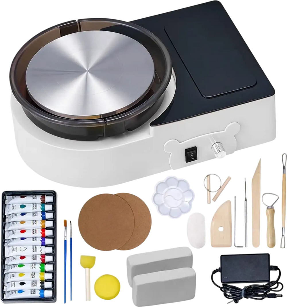 VEVOR Mini Pottery Wheel, 6 inch Turntable, Forward and Reverse Rotation, Adjustable Speed, Electric Clay Wheel for Kids and Adults, with Clay Shaping Tools, for Home DIY, Pottery Classes, White