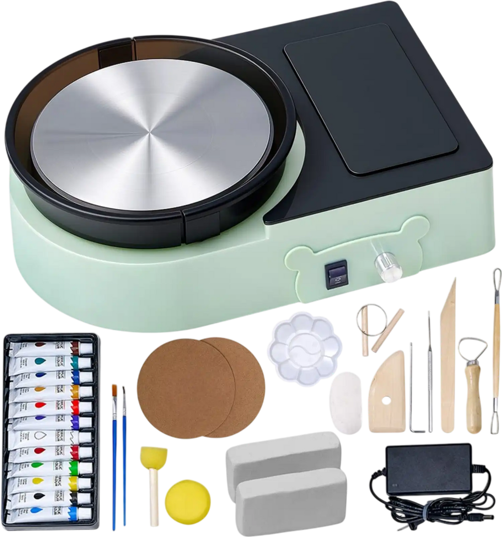 VEVOR Mini Pottery Wheel, 6 inch Turntable, Forward and Reverse Rotation, Adjustable Speed, Electric Clay Wheel for Kids and Adults, with Clay Shaping Tools, for Home DIY, Pottery Classes, Green