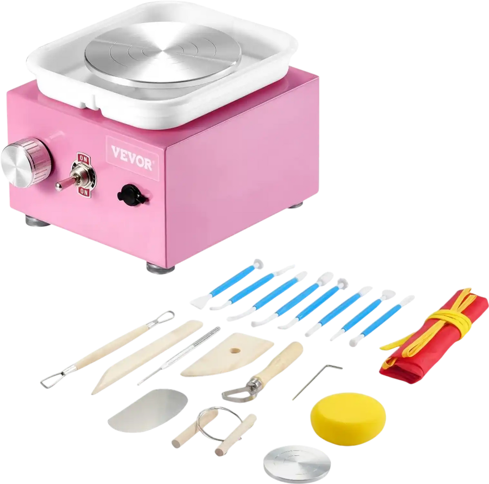 VEVOR Mini Pottery Wheel, 0-320RPM Adjustable Speed Detachable Basin Forming Machine, 2.56in/3.94in 2 Turntables Electric Ceramic Wheel Machine, 18pcs Accessories, for Art Craft Work Home DIY, Pink