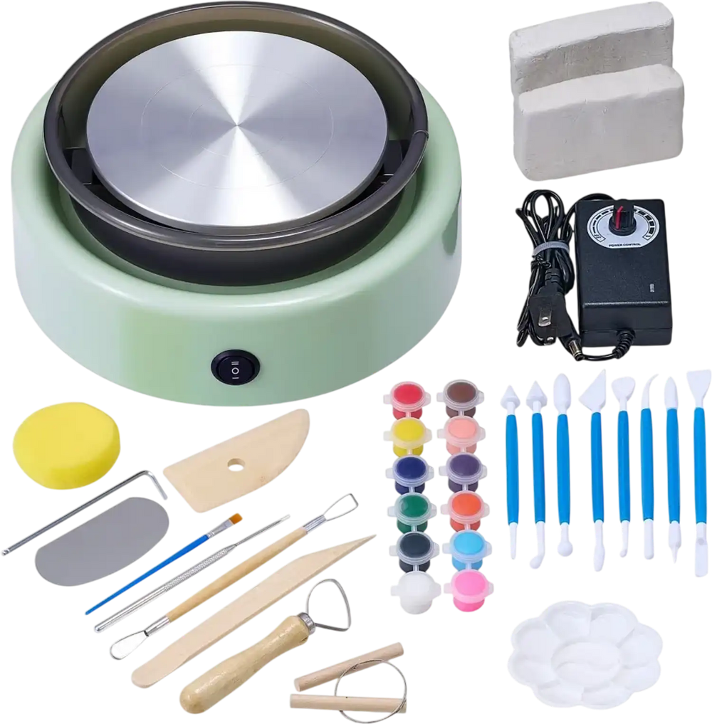 VEVOR Mini Pottery Wheel, 6 inch Turntable, Forward and Reverse Rotation, Adjustable Speed, Electric Clay Wheel for Kids and Beginners, with Shaping Tools, for Home DIY, Pottery Classes, Green