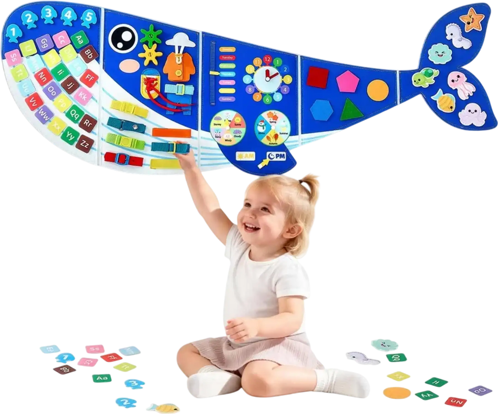 VEVOR Felt Wall Busy Board 12-in-1 Whale Foldable Montessori Activity Toys, Travel Daycare, Classroom, Playroom, Home, Educational Sensory Panel, with Numbers Letters Animals Shapes Learning Pieces