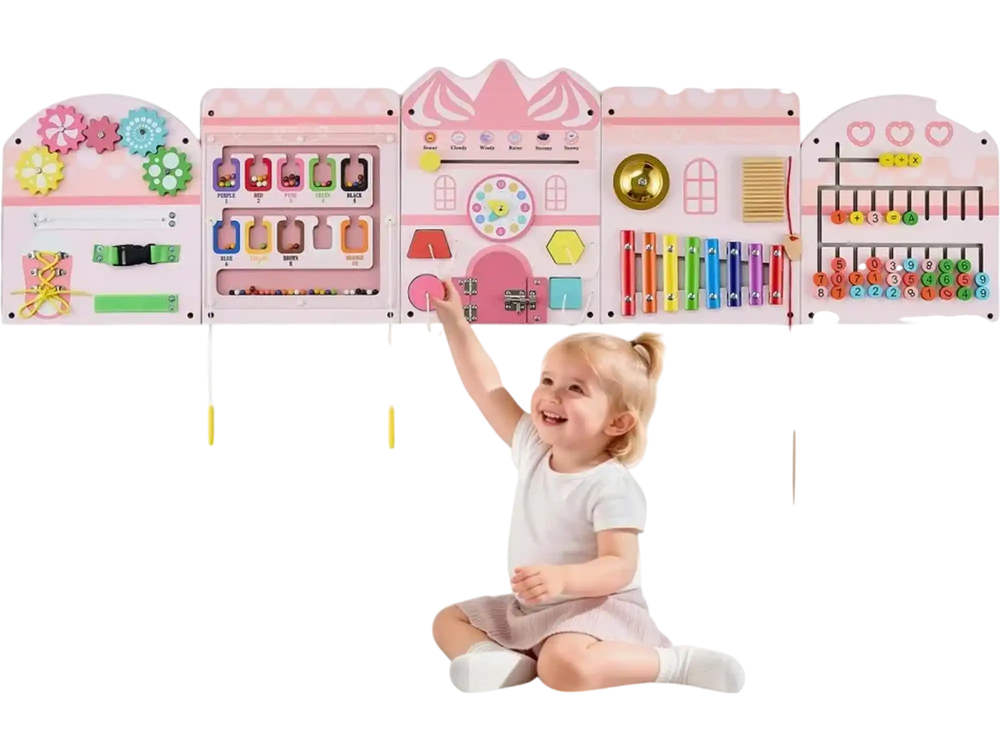 VEVOR Wall Busy Board, 14-in-1 Castle Montessori Sensory Activity Panels, Learning Activity Center for Daycare, Classroom, Playroom, and Home, Sturdy Wooden Educational Toys, with Mounting Hardware