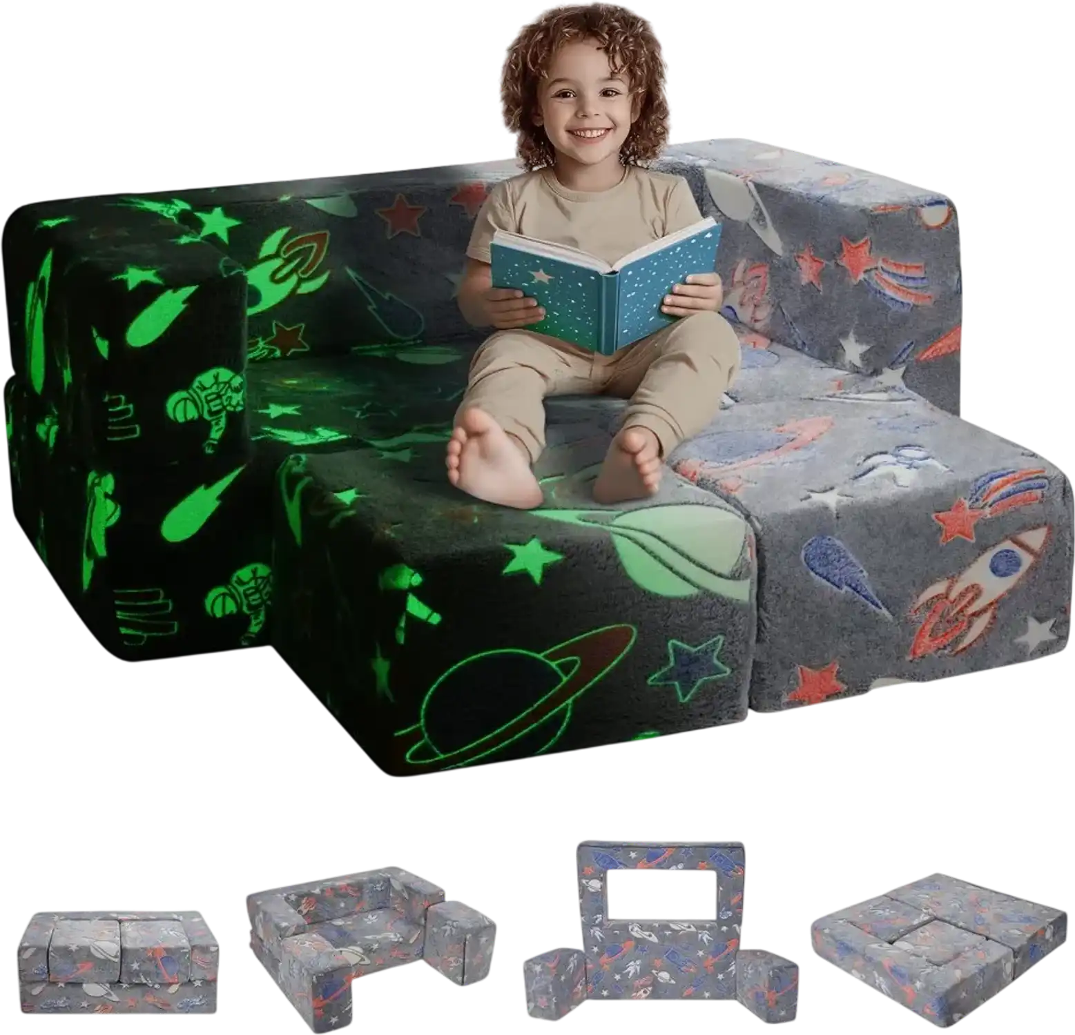 Vevor Kids Play Couch 4-Piece Glow-in-the-Dark Toddler Sofa Bed Dark Grey New