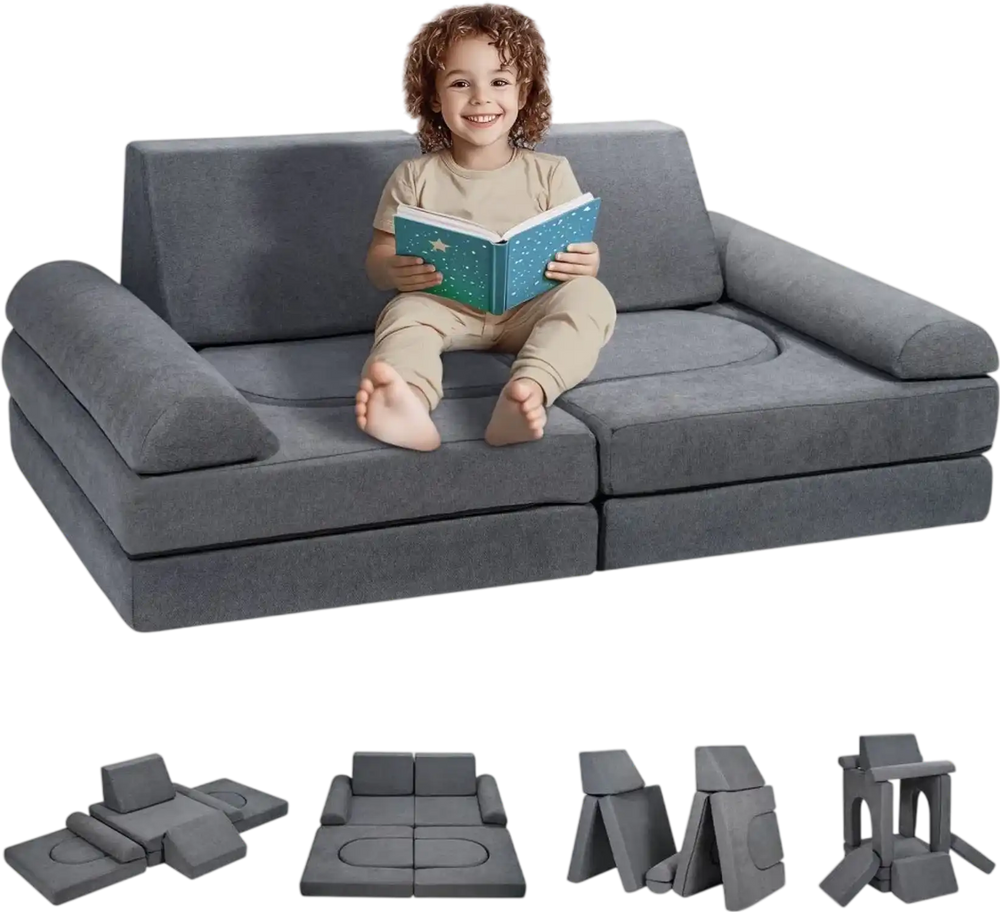 VEVOR Kids Couch, 10Pcs Modular Kids Play Couch, Toddler Couch Sofa Bed, Kids Chair Seat Playroom Furniture, Kids Sofa with Removable Cover for Kids Girls & Boys, Grey