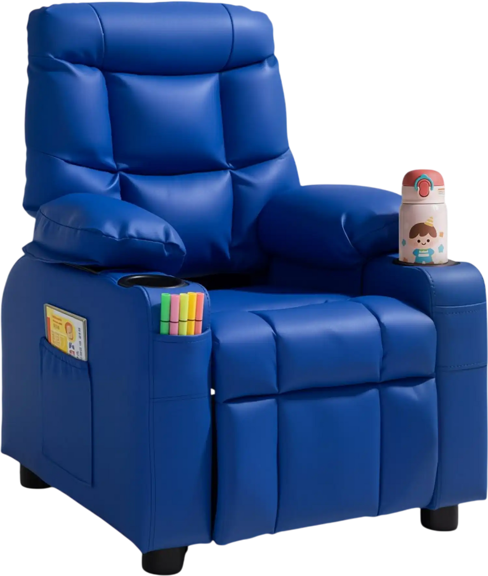 VEVOR Kids Reclining Chair, Toddler Recliner with 2 Cup Holders and 4 Pockets, 107° to 126° Adjustable Back, Easy-to-Clean PU Leather Recliner Couch with Footrest, for Boys, Girls & Children (Blue)