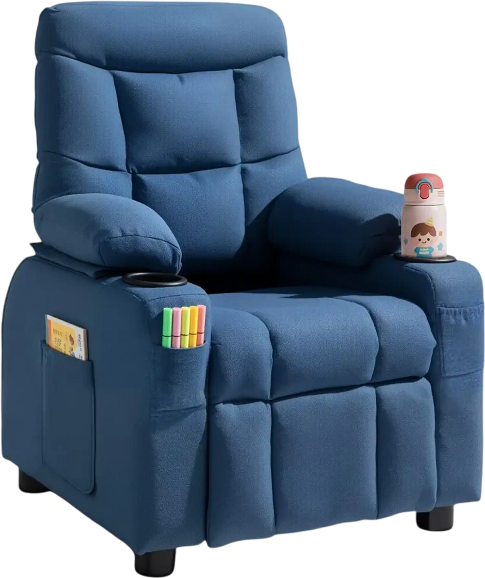 VEVOR Kids Recliner Chair, Toddler Lounger with Cup Holders & Pockets, 107° to 126° Adjustable Back, Breathable Polyester Upholstery Reclining Sofa with Foot-rest, for Boys and Girls, Children (Blue)
