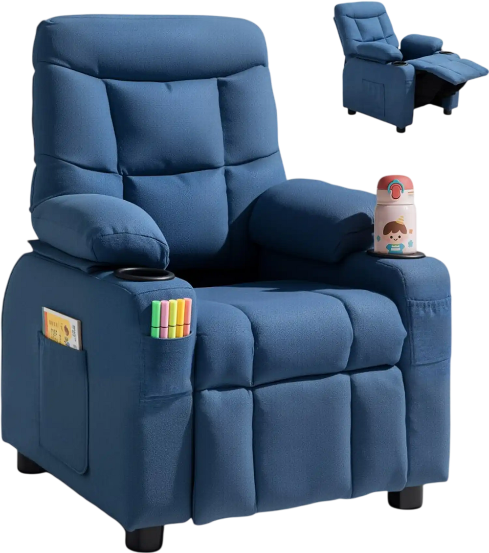 VEVOR Kids Reclining Chair, Toddler Recliner with Cup Holders and Pockets, 107° to 126° Adjustable Backrest, Breathable Polyester Fabric Recliner Couch with Footrest, for Boys & Girls, Children(Blue)