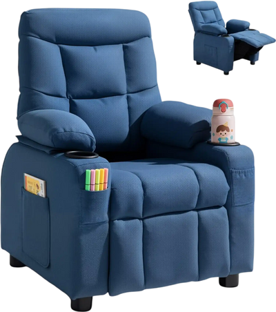 Vevor Recliner Chair Kids Adjustable Fabric Toddler Recliner with Cup Holders and Pockets Blue New