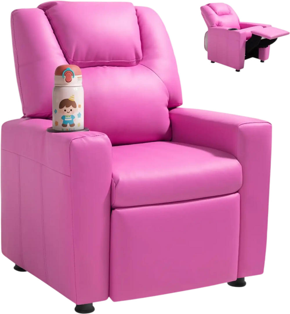 VEVOR Kids Reclining Chair, Toddler Recliner with Cup Holder, 101° to 121° Adjustable Backrest, Easy-to-Clean PU Leather Recliner Couch with Footrest, 90 lbs Load, for Boys & Girls, Children (Pink)