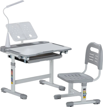VEVOR Kids Study Chair and Desk Set, Study Desk and Chair for Kids with Table Lamp, Adjustable Height & 0-40° Tilted Desktop Kids Desk and Chair, Children Study Table for Bedroom & Study Room, Grey