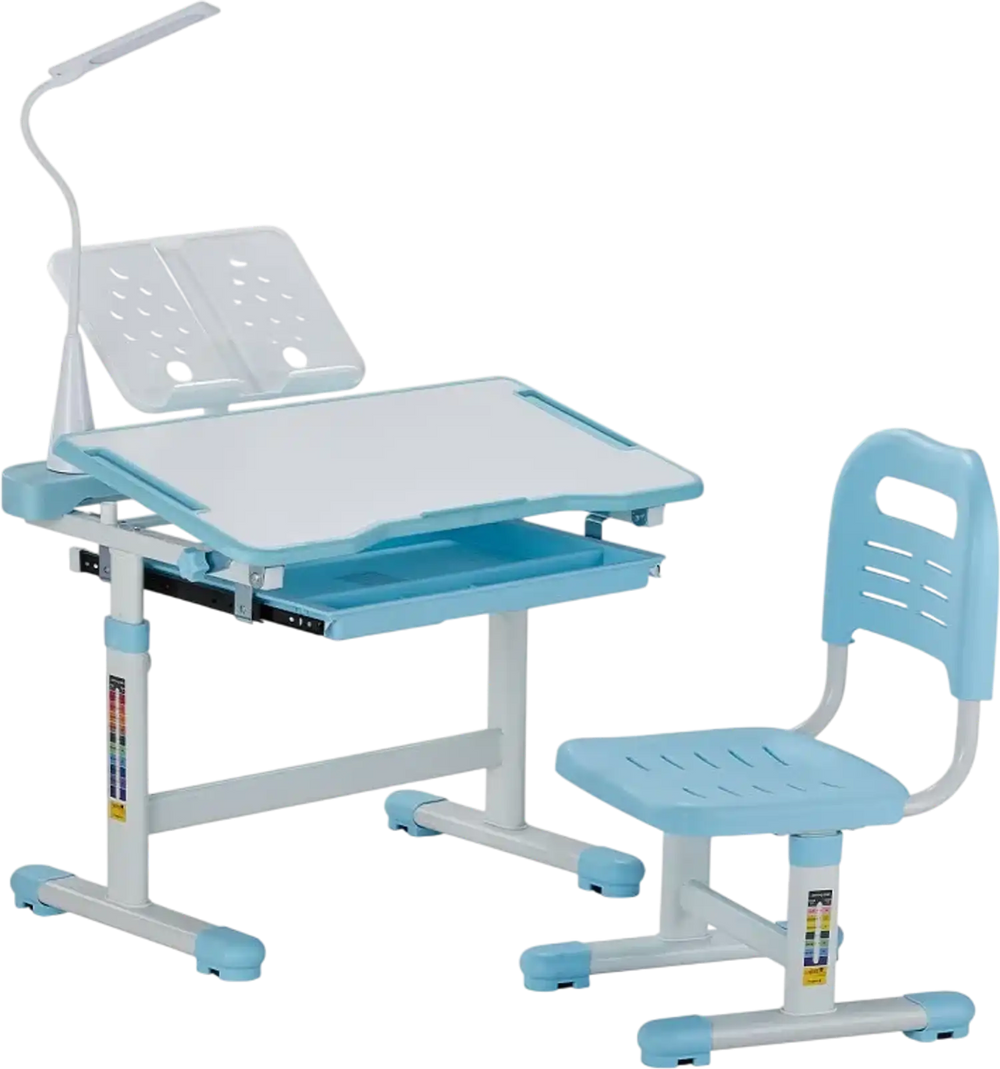 VEVOR Kids Study Chair and Desk Set, Study Desk and Chair for Kids with Table Lamp, Adjustable Height & 0-40° Tilted Desktop Kids Desk and Chair, Children Study Table for Bedroom & Study Room, Blue