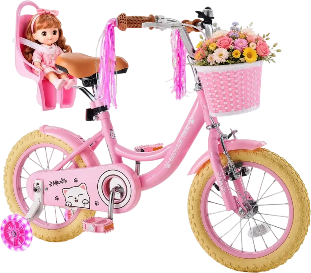 VEVOR Kids Bike, 14 Inch Children Bicycle, Training Wheels Princess Pink, for Girls Ages 3-5, Adjustable Seat, Front Brake and Rear Coaster Brake, Front Basket, Doll Seat, High-Carbon Steel Frame