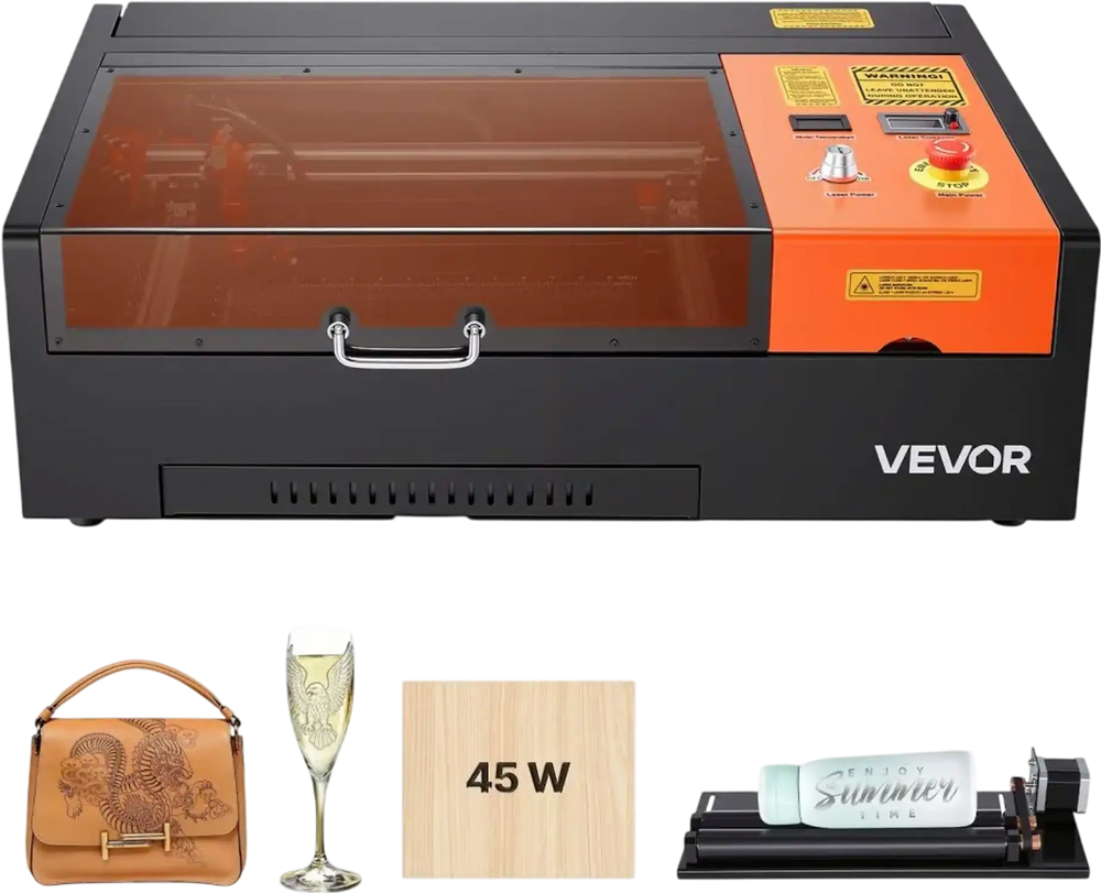 VEVOR 45W CO2 Laser Engraver, 12 x 8 in, Desktop CO2 Laser Engraver Cutter Machine with Rotary Axis, Air Assist, Engraving Machine Compatible with LightBurn CorelDRAW GRBL, for Wood Acrylic Glass