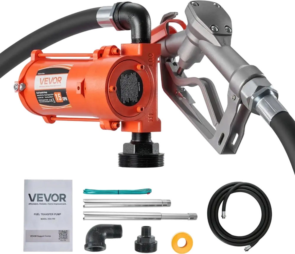 VEVOR Fuel Transfer Pump, 12V DC 15 GPM, Cast Iron Diesel Transfer Pump Kit, with Manual Nozzle, Discharge Hose, Overheat Protection, Power Cable, Explosion-Proof, for Gasoline Diesel Kerosene & More