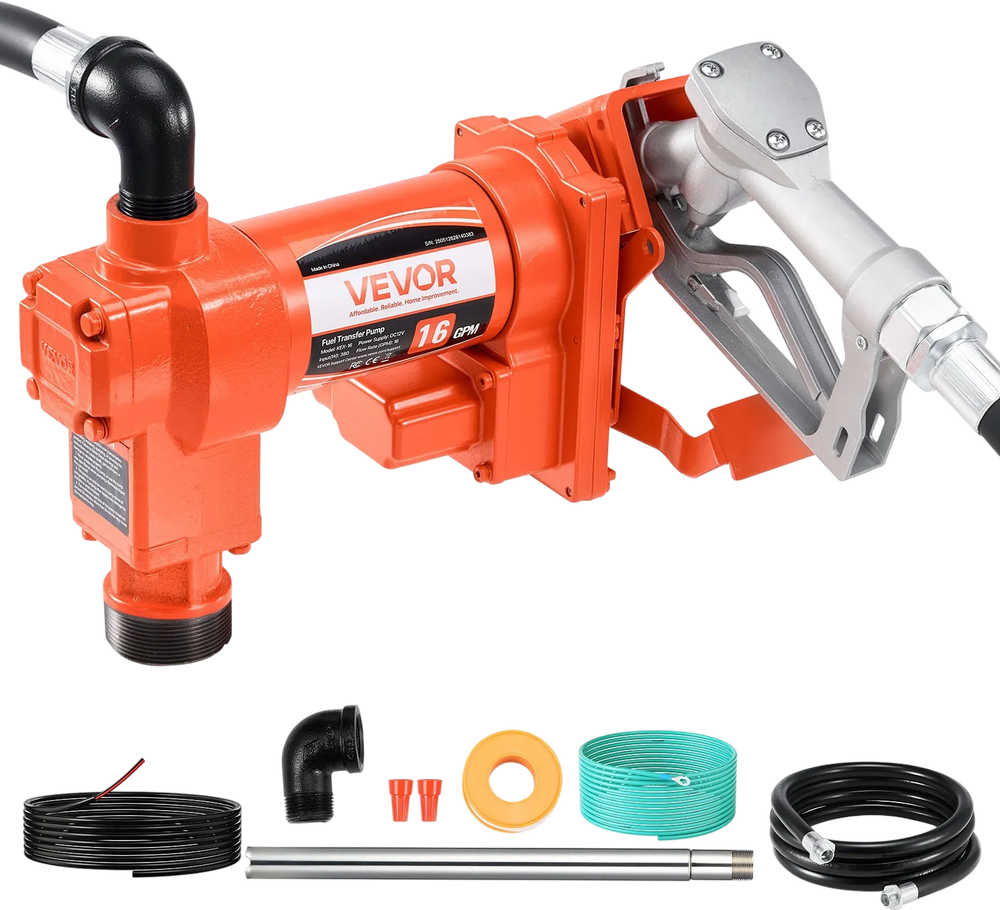 VEVOR Fuel Transfer Pump, 12V DC 16 GPM 1/4 HP Diesel Pump, Extractor Pumps with Manual Nozzle, Discharge Hose and Suction Pipe, for Gasoline, Diesel, Kerosene, Ethanol-Methanol Blends & Biodiesel