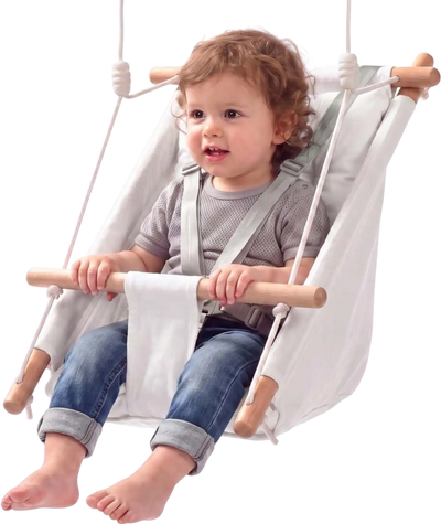 VEVOR Baby Swing 66 lbs Weight Capacity 3 Modes Canvas Hammock Swing White, for Indoor and Outdoor, 5-Point Harness and Tree Straps, Wooden Hanging Seat with Integrated Cushion for Baby to Toddler