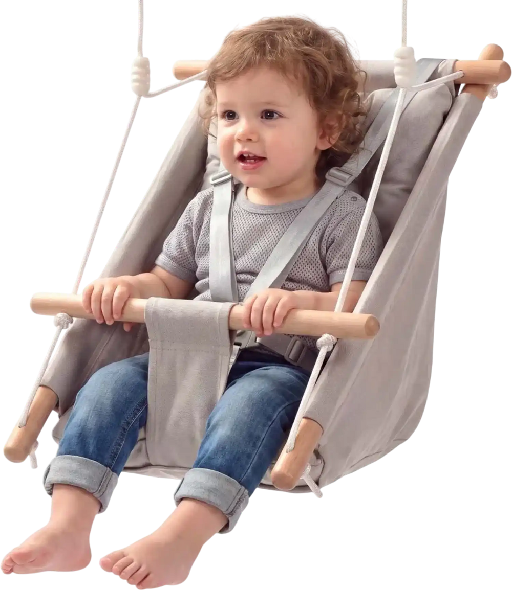 VEVOR Baby Swing 66 lbs Weight Capacity 3 Modes Canvas Hammock Swing Gray, for Indoor and Outdoor, 5-Point Harness and Tree Straps, Wooden Hanging Seat with Integrated Cushion for Baby to Toddler