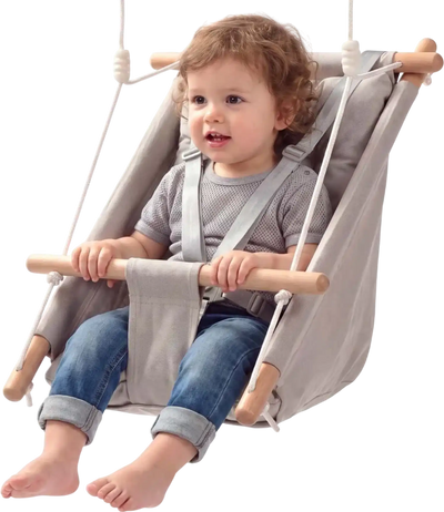 VEVOR Baby Swing 66 lbs Weight Capacity 3 Modes Canvas Hammock Swing Gray, for Indoor and Outdoor, 5-Point Harness and Tree Straps, Wooden Hanging Seat with Integrated Cushion for Baby to Toddler