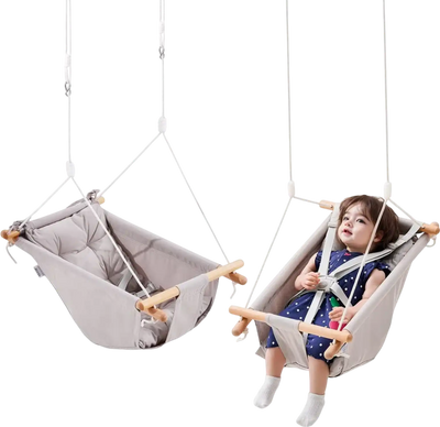 VEVOR Canvas Hammock Swing, 3 Modes Baby Swing Indoor and Outdoor with 5-Point Harness,  and Tree Straps, 150lbs Weight Capacity, Integrated Cushion, Wooden Hanging Swing Seat for Baby to Toddler