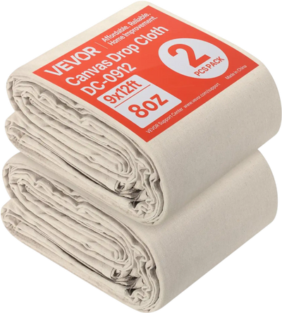 VEVOR Canvas Drop Cloth, 9x12 ft Pack of 2, Painters Drop Cloth for Painting, 8oz All Purpose Canvas Tarp for Furniture & Floor Protection, Cotton Fabric Paint Tarp for Curtains, Washable & Reusable