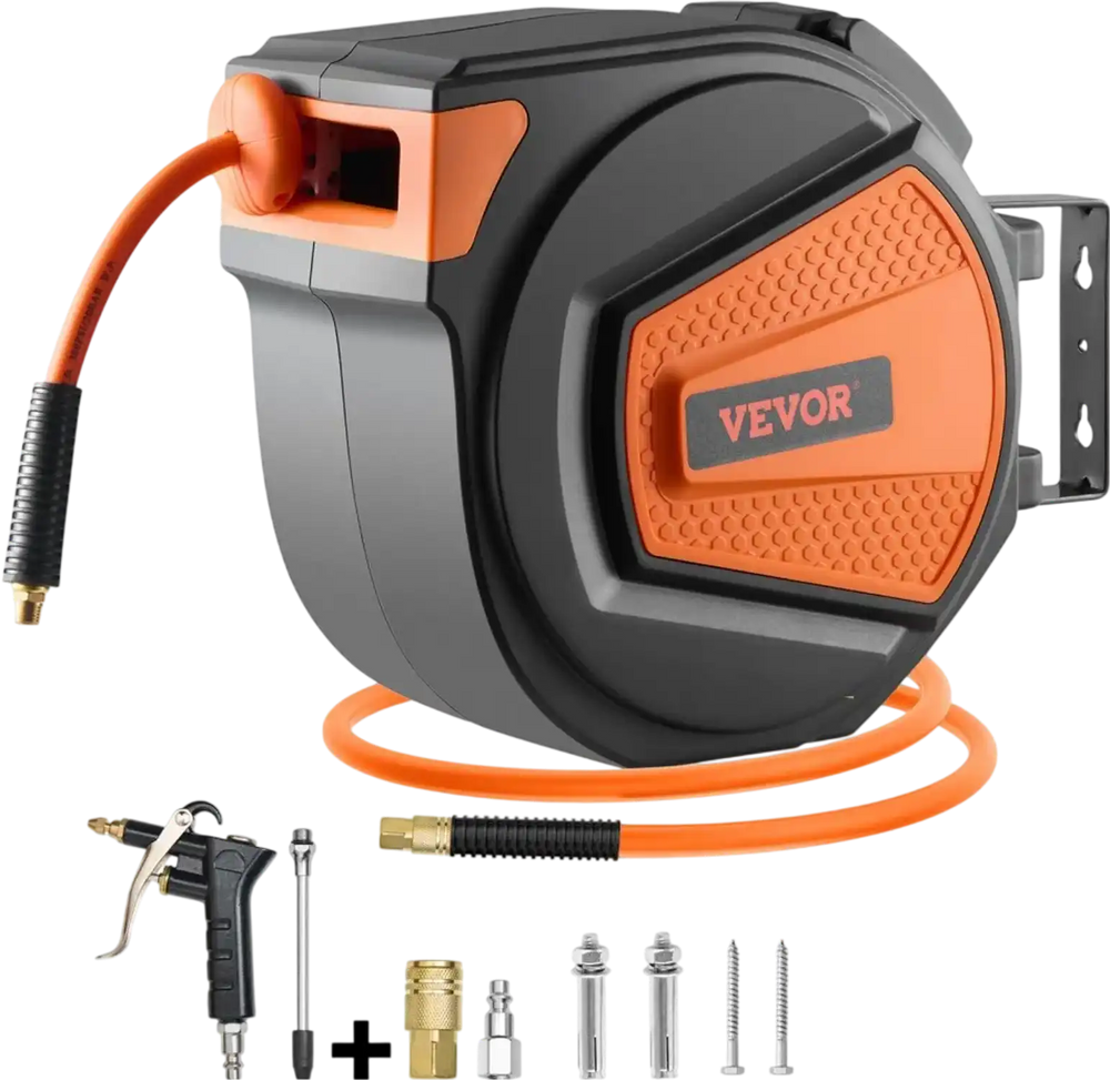 VEVOR Retractable Air Hose Reel, 3/8IN x 65FT Hybrid Air Hose Max 300PSI, Air Compressor Hose Reel Auto-Rewind with 6.6 FT Lead in, Ceiling/Wall Mount Enclosed PP Reel & Built-in 180° Swivel Bracket