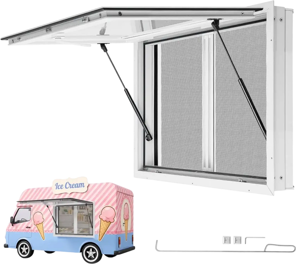 VEVOR Concession Window 36x24 in Aluminum Alloy & Acrylic Service Window, for Food Truck, Up to 85 Degrees Stand Serving with 2 Sliding Screen Windows, Awning Door and Drag Hook, Rainwater Resistant