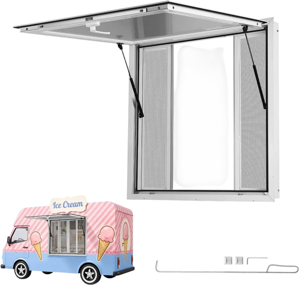 VEVOR Concession Window 36x36 in Aluminum Alloy Frame Service Window, for Food Truck, Up to 85 Degrees Stand Serving with 4 Sliding Screen Windows, Awning Door and Drag Hook, Rainwater Resistant