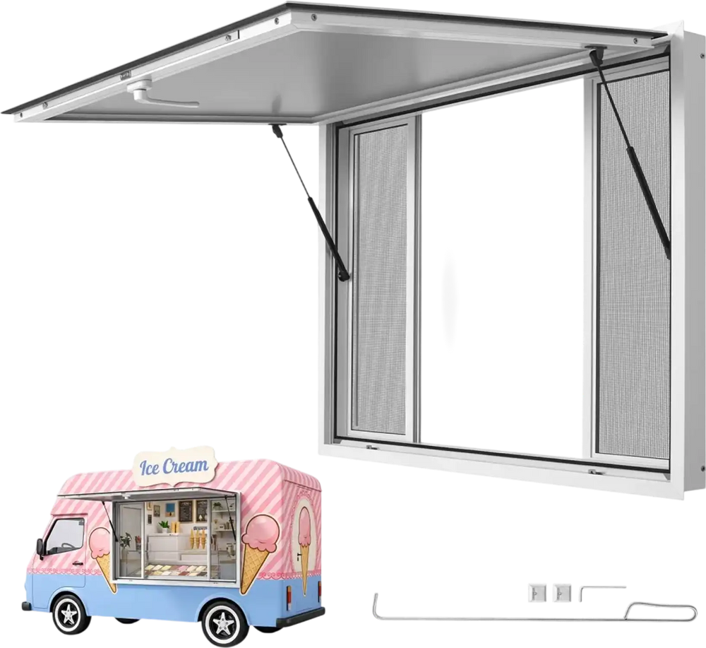VEVOR Concession Window 48x36 in Aluminum Alloy Frame Service Window, for Food Truck, Up to 85 Degrees Stand Serving with 4 Sliding Screen Windows, Awning Door and Drag Hook, Rainwater Resistant