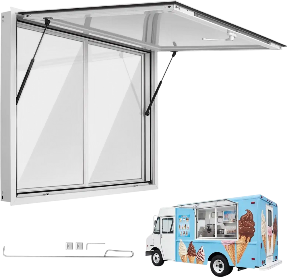 VEVOR Concession Window 48x36 in Aluminum Alloy Service Window, for Food Truck, Up to 85 Degrees Stand Serving with 2 Sliding Acrylic Windows, Awning Door and Drag Hook, Rainwater Resistant