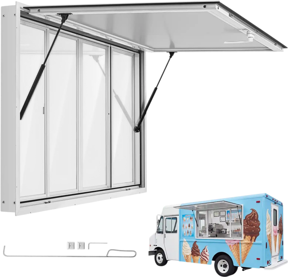 VEVOR Concession Window 60x36 in Aluminum Alloy Service Window, for Food Truck, Up to 85 Degrees Stand Serving with 4 Sliding Acrylic Windows, Awning Door and Drag Hook, Rainwater Resistant