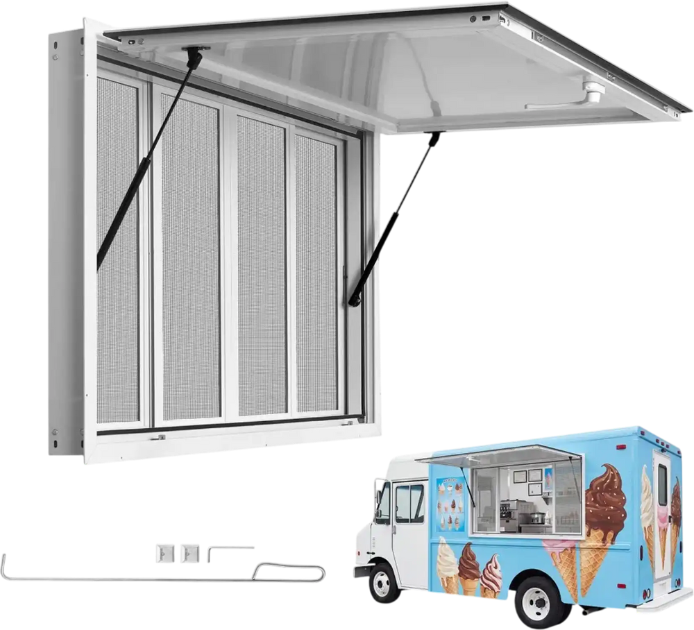 VEVOR Concession Window 60x36 in Aluminum Alloy Frame Service Window, for Food Truck, Up to 85 Degrees Stand Serving with 4 Sliding Screen Windows, Awning Door and Drag Hook, Rainwater Resistant
