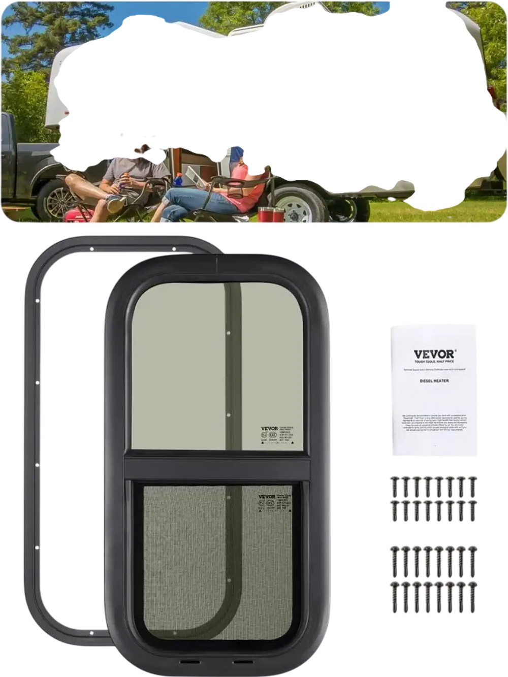 VEVOR Vertical RV Window, 12" W x 24" H Tinted Sliding RV Window with Net Screen & Trim Ring, Fit 15/16" - 1 3/4" Thickness Wall, RV Window Replacement for Teardrop Cargo Trailer Camper, DOT Approved