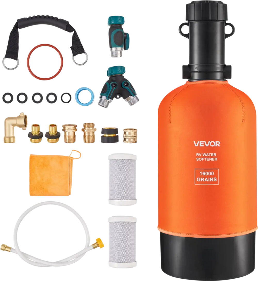 VEVOR RV Water Softener, 16,000 Grain, Portable Water Softener with Filter System, NPT 3/4" Fittings, Food-Grade Resin, Quick Connect, for RVs, Trailers, Boats, Mobile Car Washing, Pressure Washing