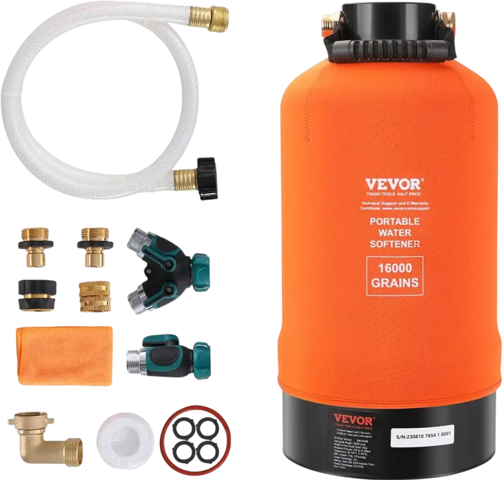 VEVOR RV Water Softener, 16,000 Grain Portable Water Softener, with 3/4" Brass Fittings and 42" Hose, Soften Hard Water Filter System for RVs, Trailers, Boats, Mobile Car Washing, Pressure Washing