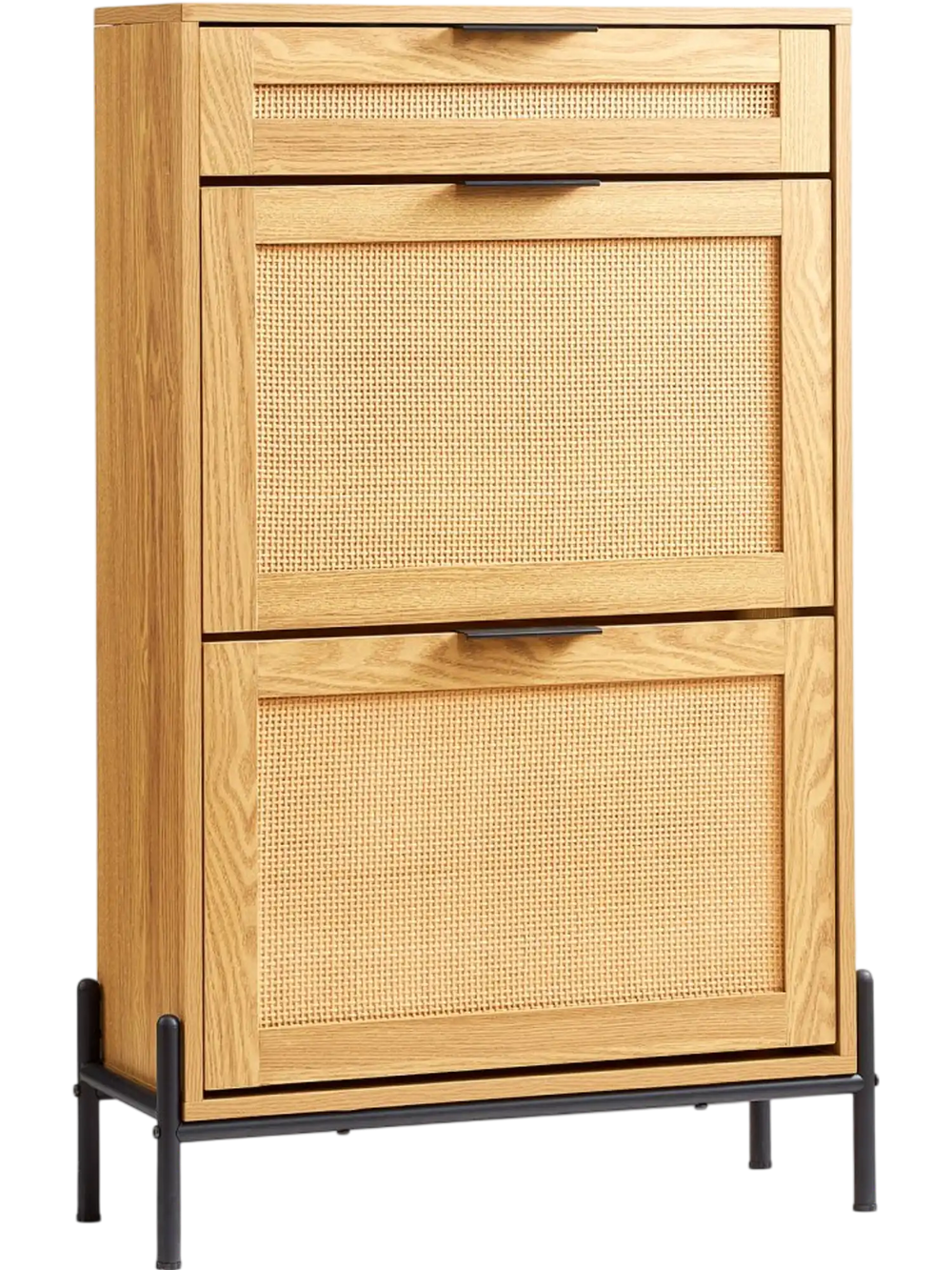 VEVOR Rattan Shoe Cabinet, Narrow Shoe Storage Organizer with 2 Flip Rattan Drawers & 1 Slide Drawer, Metal Legs, Slim Shoe Entryway Cabinet Ideal for Entryway, Closet, Hallway, Light Wood Color