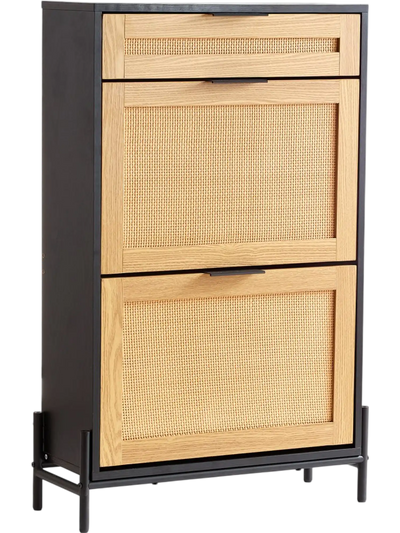 VEVOR Rattan Shoe Cabinet, Narrow Shoe Storage Organizer with 2 Flip Rattan Drawers & 1 Slide Drawer, Metal Legs, Slim Shoe Entryway Cabinet Ideal for Entryway, Closet, Hallway, Black