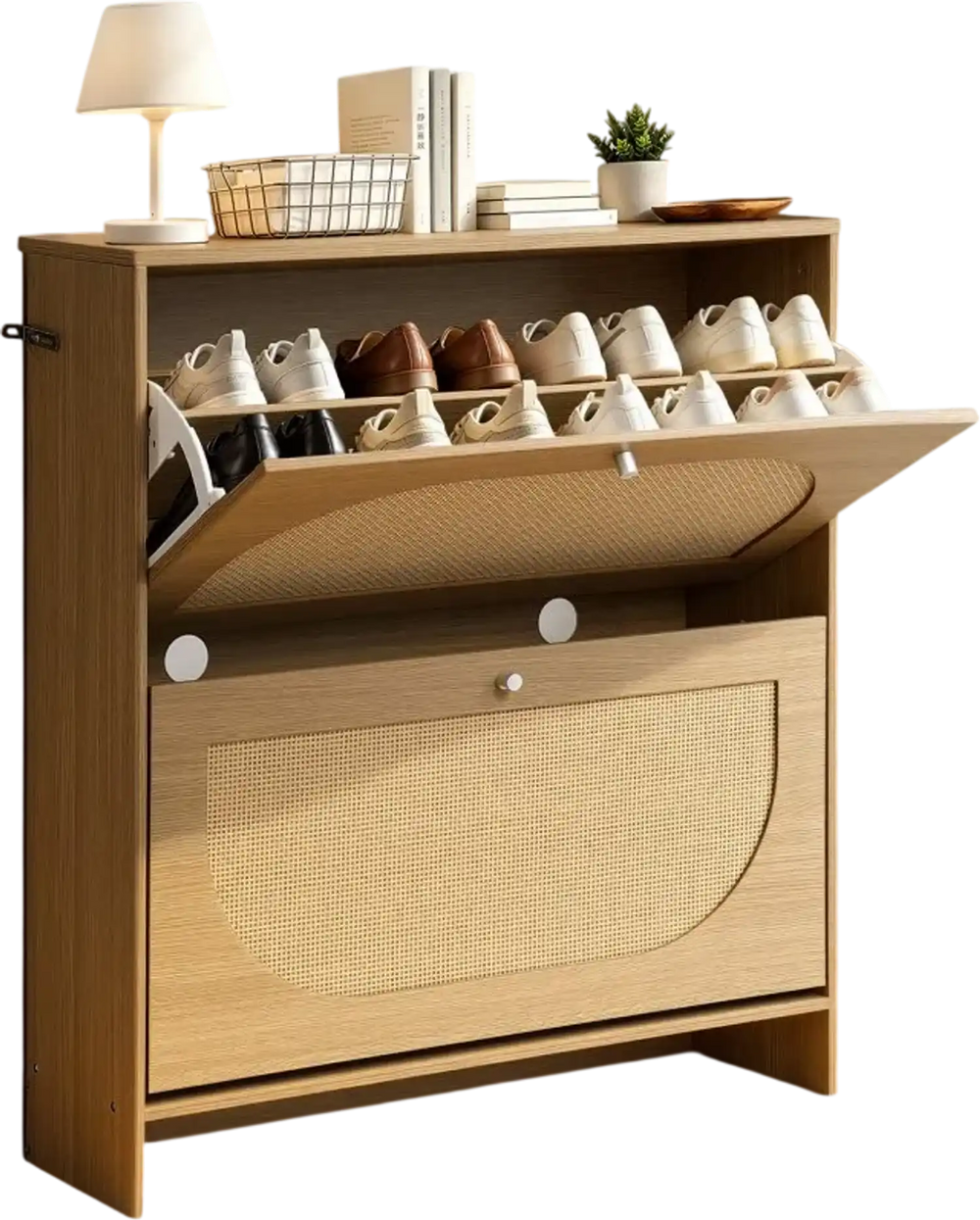 VEVOR Rattan Shoe Cabinet, 16 Pairs, 2 Flip Drawers, Adjustable Shelves for Entryway, Hallway and Living Room, Freestanding Narrow Shoes Wooden Rack, with 80 lb Top Surface and Tip-Over Restraint