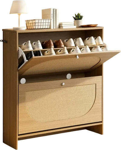 Vevor Shoe Cabinet Rattan 16-Pair 2 Flip Drawers Narrow Entryway Storage New