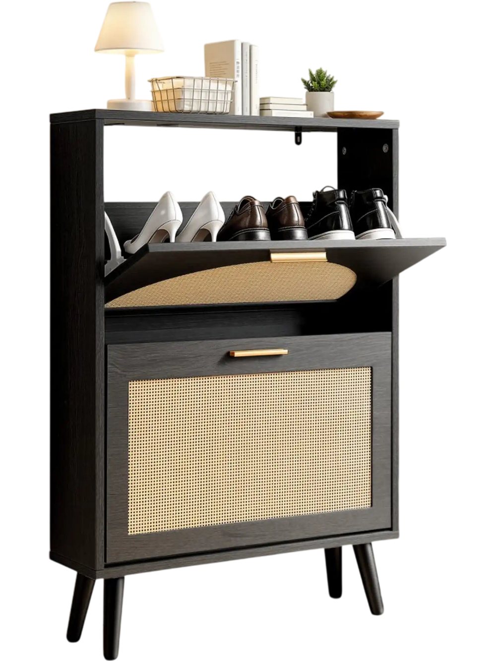 VEVOR Rattan Shoe Cabinet, 6-Pair Shoe Organizer, 2 Flip Drawers, Slim for Entryway, Hallway and Living Room, Freestanding Narrow Shoes Wooden Rack, with 80 lb Top Surface and Tip-Over Restraint