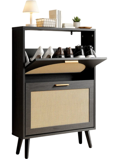 Vevor Shoe Cabinet Rattan 6-Pair Organizer with 2 Flip Drawers for Entryway Hallway Living Room New