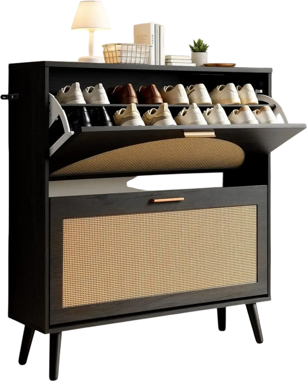 VEVOR Rattan Shoe Cabinet, 16 Pairs, 2 Flip Drawers, Adjustable Shelves for Entryway, Hallway and Living Room, Freestanding Narrow Shoes Wooden Rack, with 80 lb Top Surface and Tip-Over Restraint