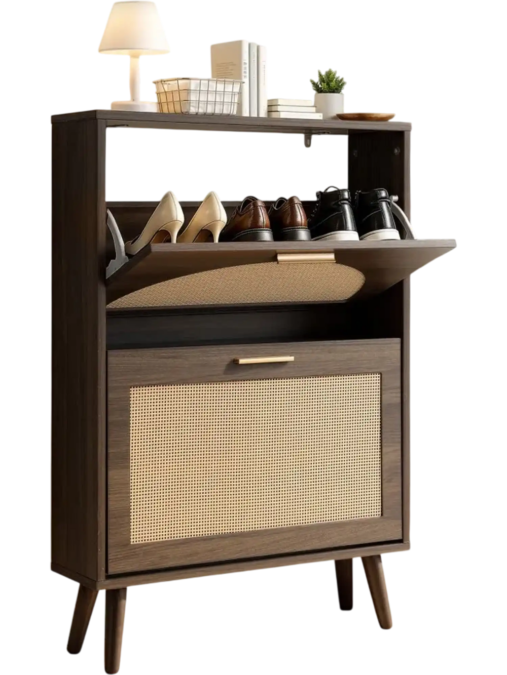 VEVOR Rattan Shoe Cabinet, 6-Pair Shoe Organizer, 2 Flip Drawers, Slim for Entryway, Hallway and Living Room, Freestanding Narrow Shoes Wooden Rack, with 80 lb Top Surface and Tip-Over Restraint