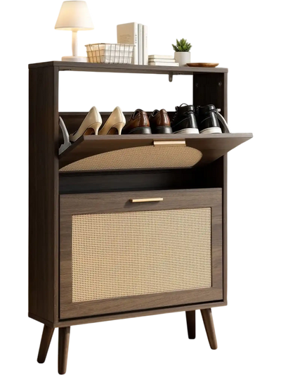 Vevor Shoe Cabinet Rattan 6-Pair Organizer with 2 Flip Drawers for Entryway Hallway Living Room New