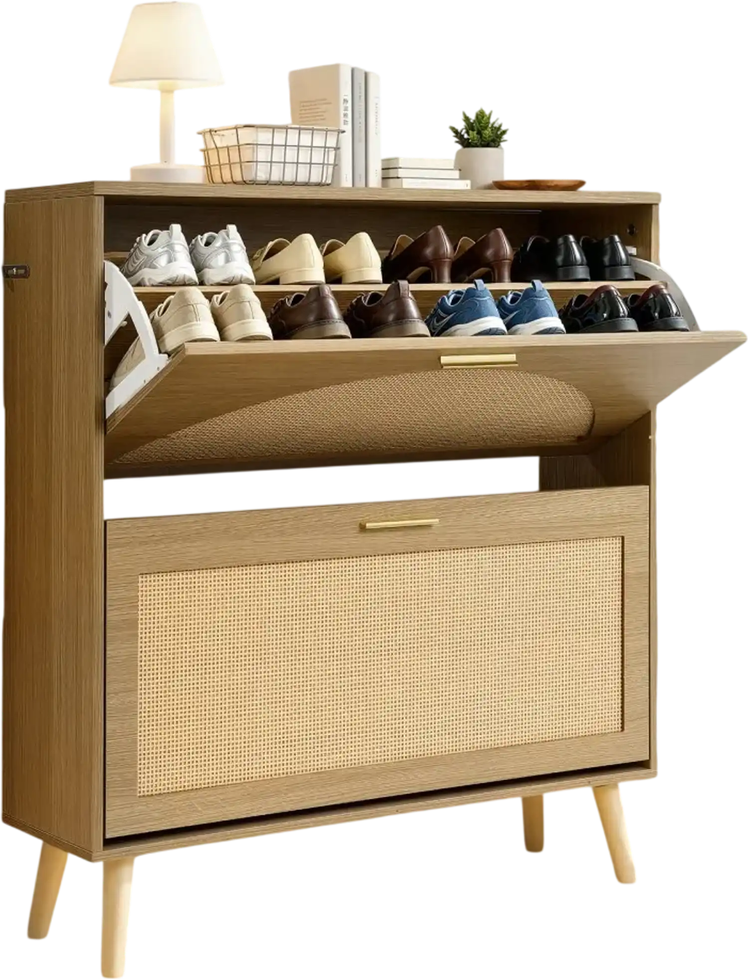 Vevor Shoe Cabinet Rattan 16-Pair 2-Flip-Drawer Entryway Storage Cabinet New