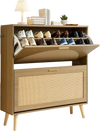 VEVOR Rattan Shoe Cabinet, 16 Pairs, 2 Flip Drawers, Adjustable Shelves for Entryway, Hallway and Living Room, Freestanding Narrow Shoes Wooden Rack, with 80 lb Top Surface and Tip-Over Restraint